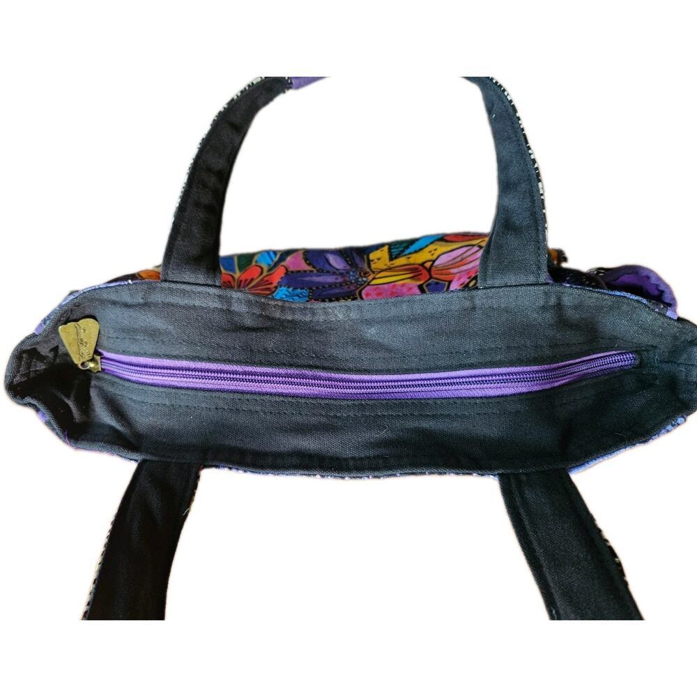 Laurel Burch Cat Print Tote Handbag Purse Zip Top Purple Lining - Picture 3 of 7